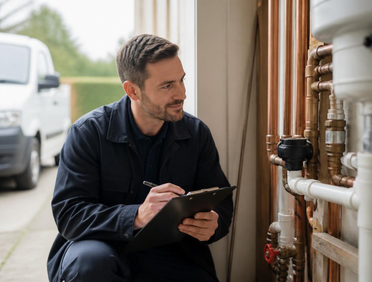 OVC Plumbing technician inspecting copper water pipes at a property