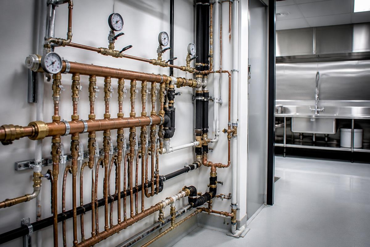 Commercial plumbing manifold with copper pipes, valves and pressure gauges