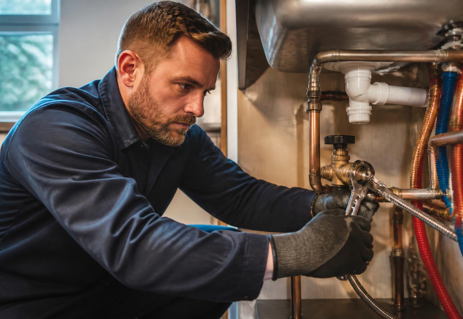 Plumber from OVC Plumbing repairing pipework under a sink in Orange Walk, Belize