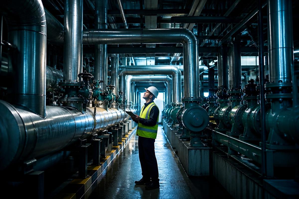 Industrial pipe infrastructure with steel pipes and valves inside a plant facility